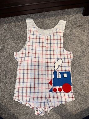 Boys White Plaid Romper with Blue & Red Train Applique